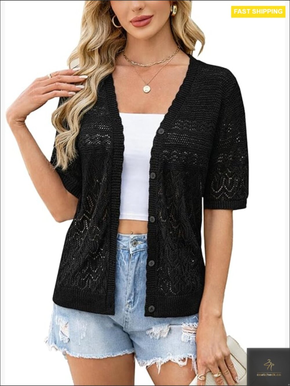 Crochet Short Sleeve Cardigan Lightweight Button Front Shrug for Summer